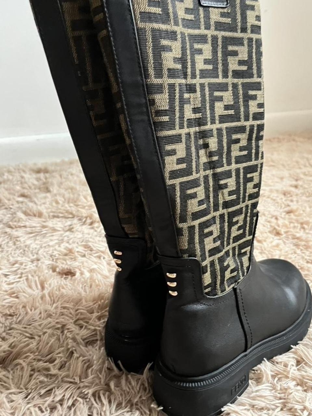 FF Monogram Tall Canvas & Leather Boots - Black & Beige